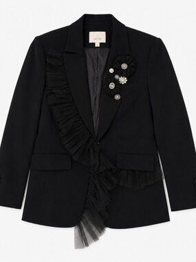 NWT Cinq à Sept Delia Ruffle Blazer Black Size 6